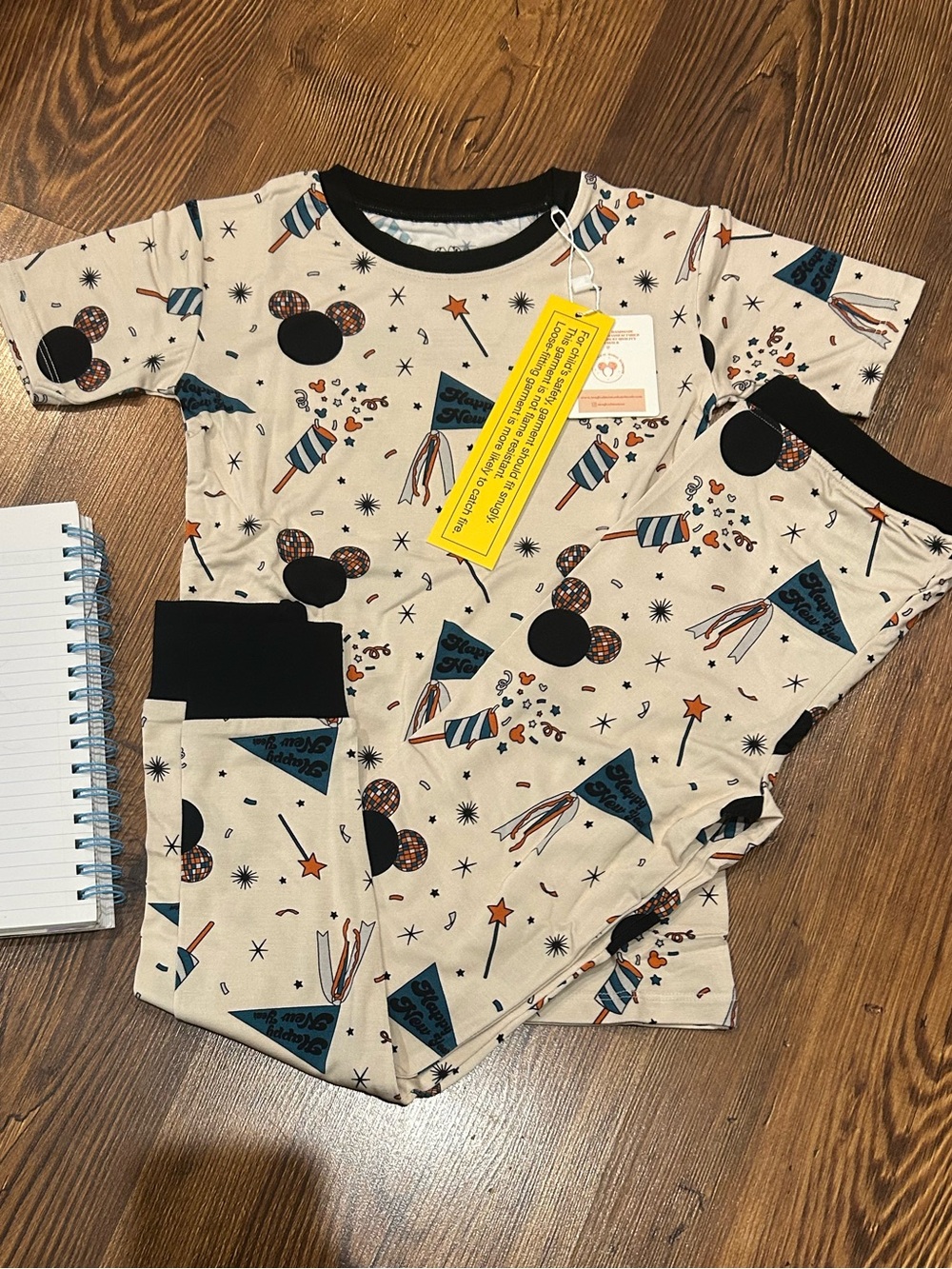 Kids Bamboo NYE Mickey Mouse Pajama Set with Black Trim - Neutral/Cream